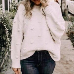 ZARA knit sweater Pom Pom bauble detailing long sleeves ribbed cuffs ivory small